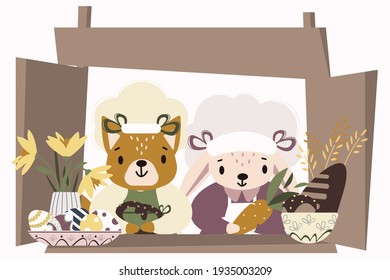 A cute rabbit and a fox stand in a bakery window, Easter eggs and daffodils in a vase, bread products.