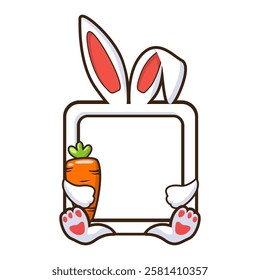 Cute Rabbit frame Holding Carrot. Animal Icon. Flat Cartoon Style border. Easter Bunny square border. Cartoon Design for greeting card, stickers or calendar