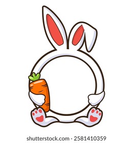 Cute Rabbit frame Holding Carrot. Animal Icon. Flat Cartoon Style border. Easter Bunny circle border. Cartoon Design for greeting card, stickers or calendar