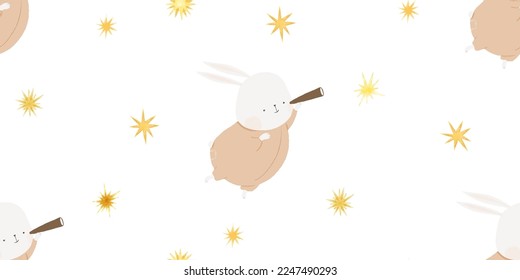 cute rabbit, funny bunny, small animal in sky with golden stars. Childish seamless pattern, endless wraping paper, nursery design