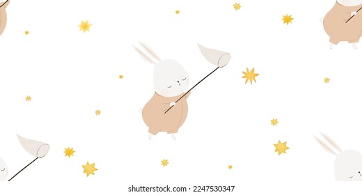 cute rabbit, funny bunny, small animal in sky with golden stars. Childish seamless pattern, endless wraping paper, nursery design