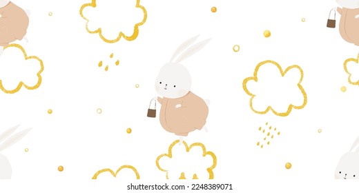 cute rabbit, funny bunny, small animal in sky with golden stars. Childish seamless pattern, endless wraping paper, nursery design