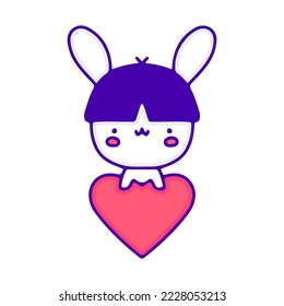 Cute rabbit with funny haircut holding heart symbol doodle art, illustration for t-shirt, sticker, or apparel merchandise. With modern pop and kawaii style.