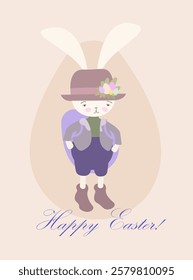 Cute rabbit. Funny hare with Easter egg. Animal in clothes and hat finds gifts. Spring holiday. Flat design illustration in pastel colors. Happy Easter.