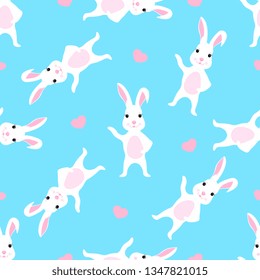 Cute rabbit. Funny white bunny. Seamless pattern for nursery, fabric, textile, kids apparel.