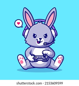 Cute Rabbit Gaming Cartoon Vector Icon Illustration. Animal Technology Icon Concept Isolated Premium Vector. Flat Cartoon Style