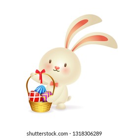 Cute rabbit gathering eggs. Basket, bunny, leisure. Can be used for topics like Easter egg hunt, tradition, celebration