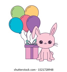 cute rabbit with gift box and balloons helium vector illustration design