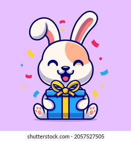 Cute Rabbit With Gift Box Cartoon Vector Icon Illustration. Animal Nature Icon Concept Isolated Premium Vector. Flat Cartoon Style