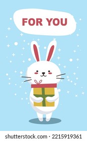 Cute Rabbit With Gift Box Cartoon Vector Icon Illustration. Animal Card Concept Isolated Vector. Flat Cartoon Style New Year And Merry Christmas EPS