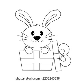 Cute Rabbit in gift box. Draw illustration in black and white