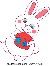 Rührhase mit Geschenkbox. Flache Vektorgrafik
