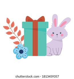 cute rabbit with gift box and flower autumn season isolated icon style vector illustration