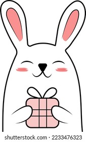 Cute rabbit with a gift. Doodle image of a rabbit for print, pattern, logo. New year 2023, easter.