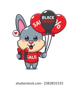cute rabbit with gifts and balloons in black friday sale cartoon vector illustration