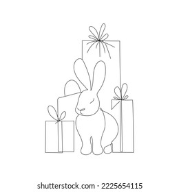 Cute rabbit with gifts boxes drawn one line. Sketch. Continuous line drawing holiday art. For Chinese New Year, Valentines, Easter. Vector illustration in doodle style.