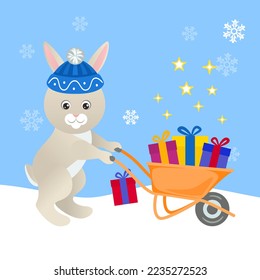 Cute rabbit with gifts. Symbol of 2023 year. Christmas greeting card with funny animal. Children's cartoon characters congratulate on the holiday. Vector flat illustration.