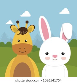 cute rabbit and giraffe in the field landscape character
