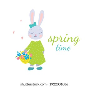 Cute rabbit girl with basket of flowers in green dress. Vector.