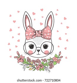 Cute rabbit girl with bow, glasses, flowers. Vector illustration for print on t-shirt and other uses