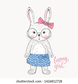 Cute rabbit girl with bow, skirt, glasses