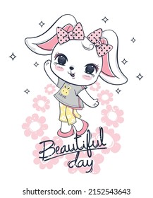 Cute rabbit girl cartoon with pink bow on head on beautiful day isolated on white background illustration vector.