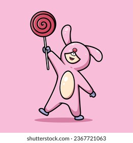 Cute rabbit girl cartoon with pink custom and bring the lollipop. Cute bunny cartoon vector illustration isolated background illustration vector