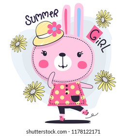 Cute rabbit girl cartoon in roller skates at a summer park isolated on white background illustration vector.