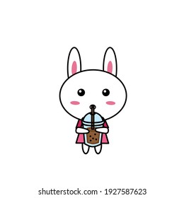 Cute rabbit girl character drinking boba milk tea vector illustration. Design for mascot icon, logo, postcard, banner, poster, sticker