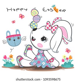 Cute rabbit girl in dress balancing easter eggs on her nose sitting in the flower garden isolated on white background illustration vector.