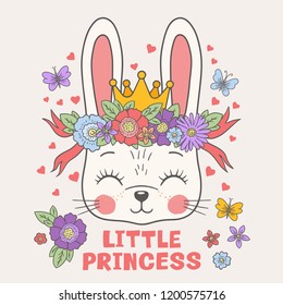 Cute rabbit girl with floral wreath, crown. Little Princess slogan. Smile. Funny bunny face. Vector illustration for children print design, kids t-shirt, baby wear