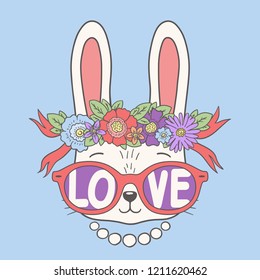 Cute rabbit girl with floral wreath, pink sunglasses. Love slogan. Funny bunny face. Vector illustration for children print design, kids t-shirt, baby wear