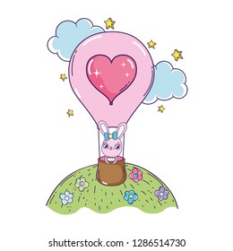 cute rabbit girl flying in balloon air hot valentines day