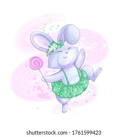 A cute rabbit girl in a green polka dot skirt and a wreath of flowers on her head is jumping happily. Sweet lollipop and watercolor texture background. Vector animal characters for children.