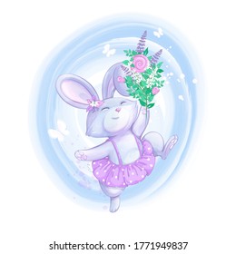 Cute rabbit girl in a lilac polka dot skirt cheerfully jumps. A large bouquet of wildflowers, white butterflies and watercolor texture background. Vector animal characters for children.