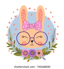 Cute rabbit girl. Little bunny with flowers. Vector illustration for print