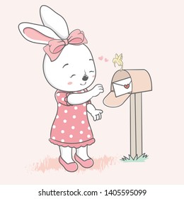 Cute rabbit girl recieve a love letter cartoon hand drawn vecter illustration. Use for Happy birthday invitation card, T-shirt print, baby shower.
