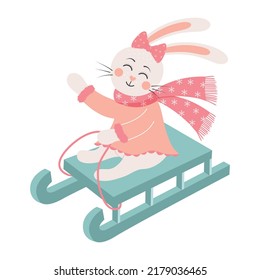Cute rabbit girl with scarf and bow is sledding. Cartoon vector illustration isolated on white background.
