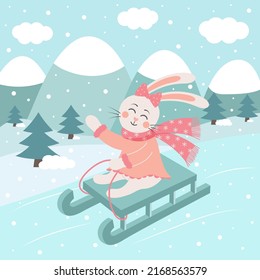 Cute rabbit girl is sledding. Winter landscape. Christmas greeting card.