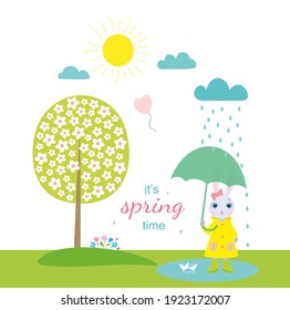 Cute rabbit girl stand in puddle with paper boat.  blossoming tree and sun and clouds,  spring design. Vector.