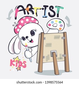 Cute rabbit girl wearing a beret hat with brush and palette paint isolated on gray background illustration vector.