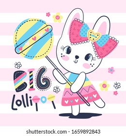 Cute rabbit girl wearing big bow and holding big lollipop standing on pink and white striped background illustration vector.