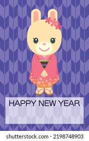 Cute rabbit girl wearing a kimono and purple Arrow fletching pattern background [New year's card template (year of the rabbit)]