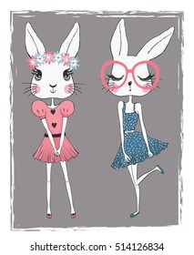 cute rabbit girls vector