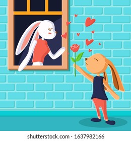 Cute rabbit giving rose flower, Greeting card vector illustration, Valentines Day postcard