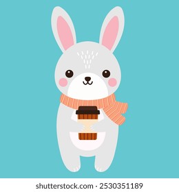 Cute rabbit and glass of coffee. Vector flat illustration.