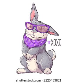 Cute rabbit with glasses and bandana. Fluffy bunny for posters, postcards, t-shirt prints. Vector hand drawn style illustration.