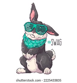 Cute rabbit with glasses and bandana. Fluffy bunny for posters, postcards, t-shirt prints. Vector hand drawn style illustration.