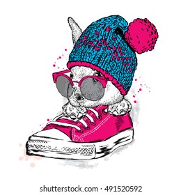 Cute rabbit with glasses and a hat with a bubo. Hare sitting in sneakers. Vector illustration for greeting card, poster, or print on clothes. Fashion & Style.