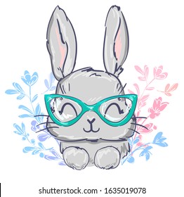 Cute rabbit in glasses on the background of a floral sketch ornament. Vector stock illustration. Childish design print for textiles.